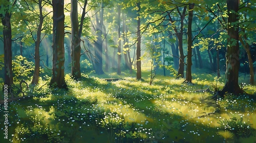 Bask in the tranquil beauty of a lush forest glade  where sunlight filters through the canopy  casting dappled shadows on the forest floor below.