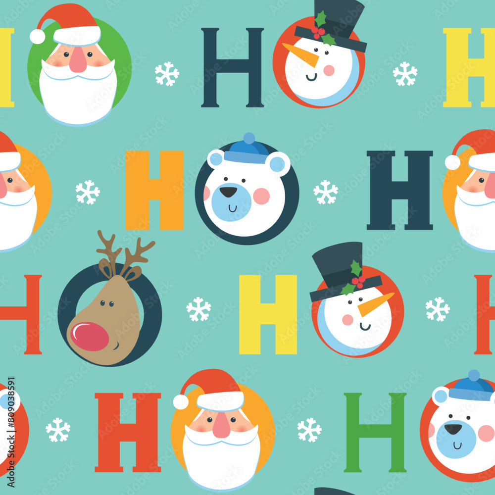 Fototapeta premium Christmas seamless pattern with Santa, deer, snowman and snowflakes on blue background. 