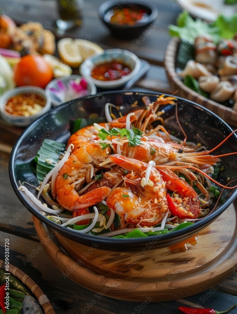 Flavorful Thai Papaya Salad Served with Grilled Seafood Delicacy