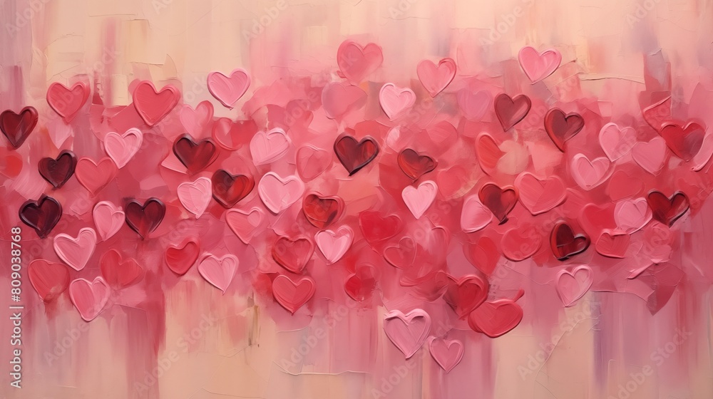 Modern abstract painting of pink and red hearts representing love and romance