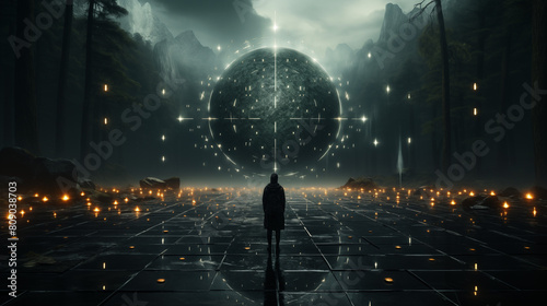 fantastic landscape,spirit world,symmetry,sphere,light falling,sci-fi