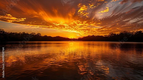 Bask in the warmth of a golden sunset over a tranquil lake  where the still waters reflect the fiery sky above  creating a scene of breathtaking beauty and tranquility.