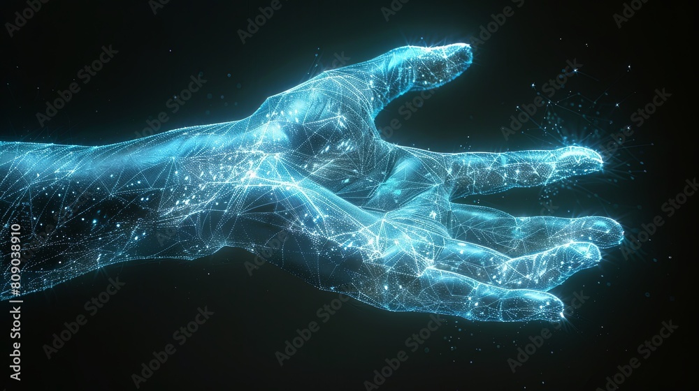 Minimalist digital hand in light blue and white on black background. Low-detail design concept