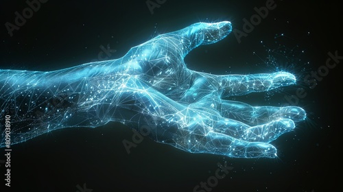 Minimalist digital hand in light blue and white on black background. Low-detail design concept