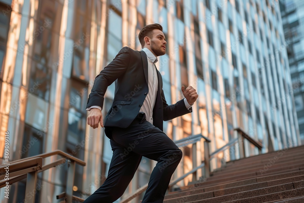 young and handsome businessman wearing suit running fast up the stairs young and handsome businessman wearing suit running fast up the stairs