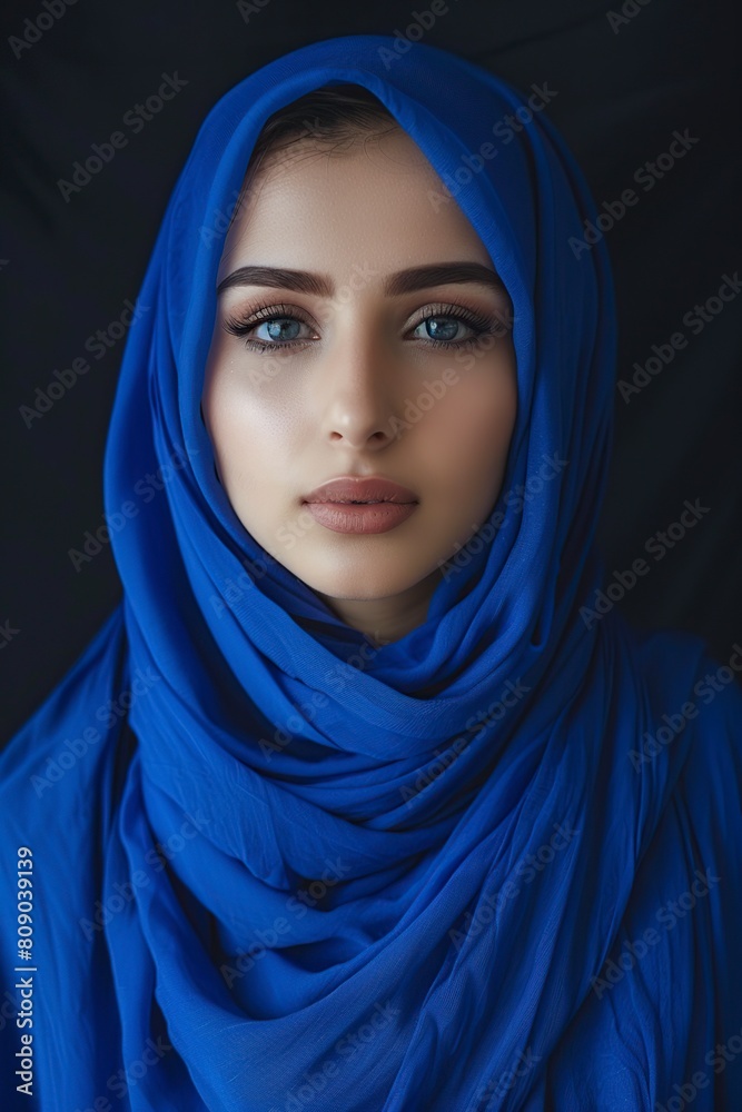Naklejka premium beautiful muslim woman with blue hijab on dark background