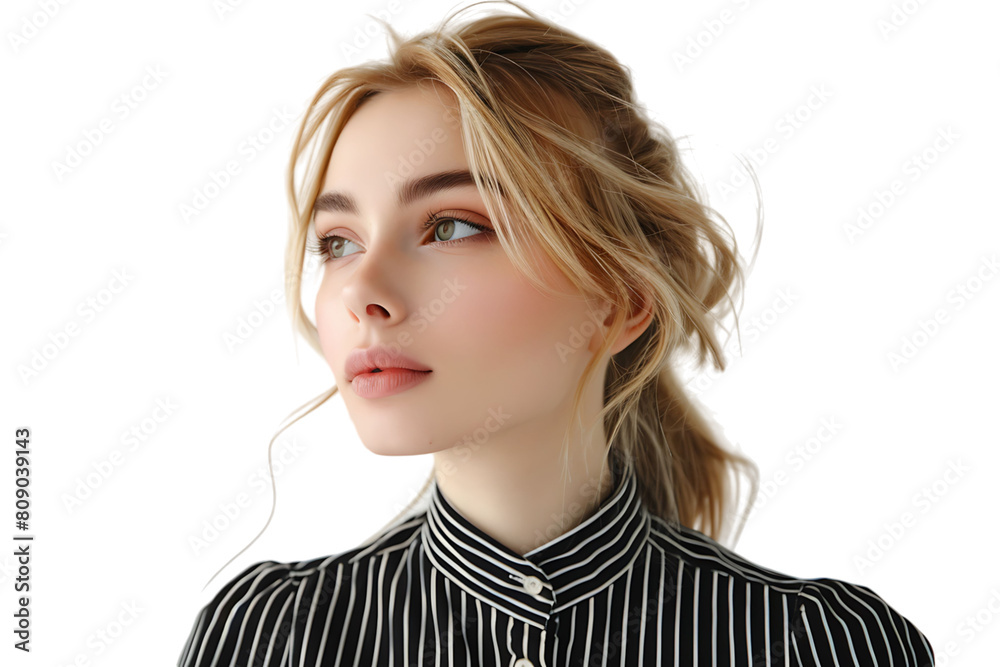 Portrait girl looking away blonde dressed in striped shirt. Fashion concept on isolated transparent background Portrait girl looking away blonde dressed in striped shirt. Fashion concept on isolated transparent background