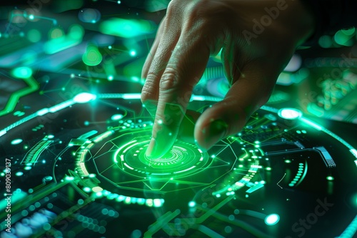 Hand pressing neon green tech button. Electronic innovation concept.