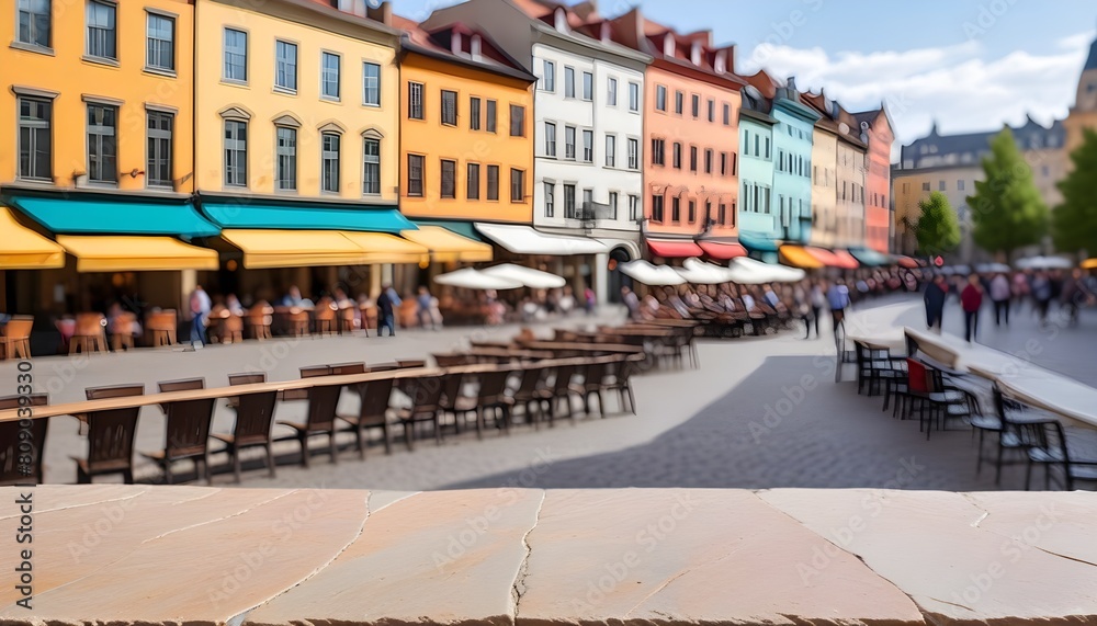 A stone table or ledge in the foreground, with a blurred view of a town square in the background