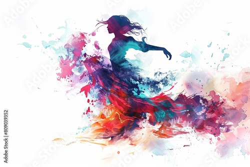 Vibrant abstract watercolor painting of a girl dancing gracefully on white background