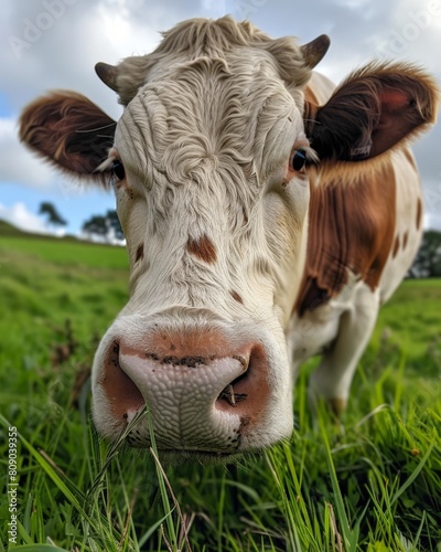 A closeup photo of a cow contentedly chewing cud on a lush green pasture, for World Milk Day