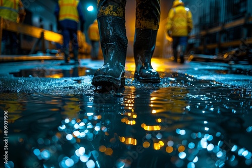 Twilight captures construction workers' reflective safety boots amidst water on a city street