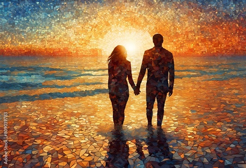  "Experience the breathtaking allure of a cinematic, stunningly illustrated digital mosaic depicting a sea-loving couple against a phenomenal sunset backdrop. This sharp and vivid artwork captivates w