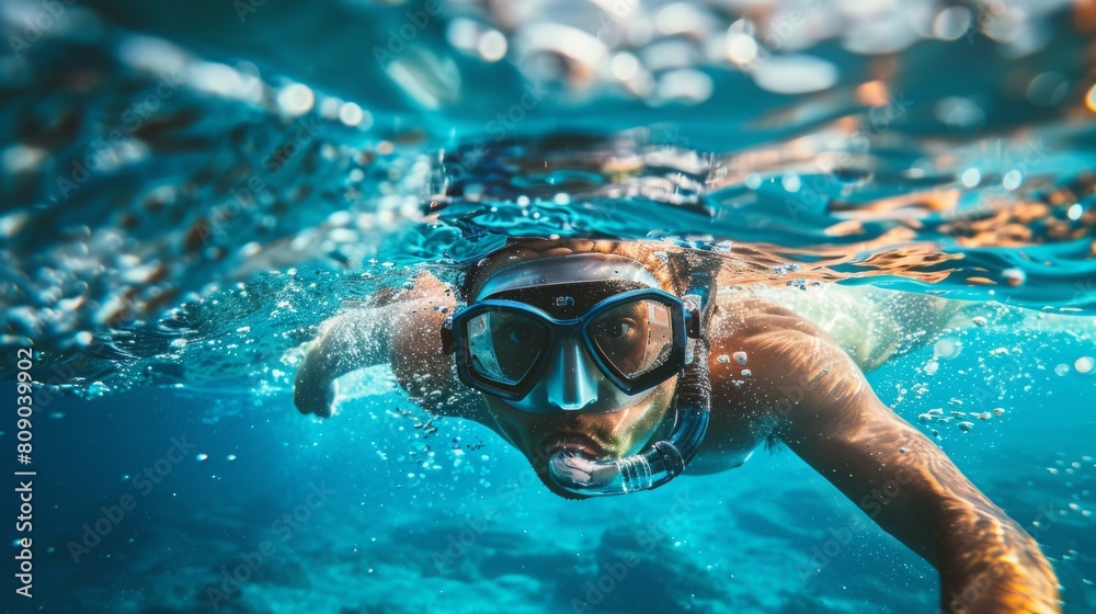 A person swim in the water wearing a mask to see underwater with clear visibility.