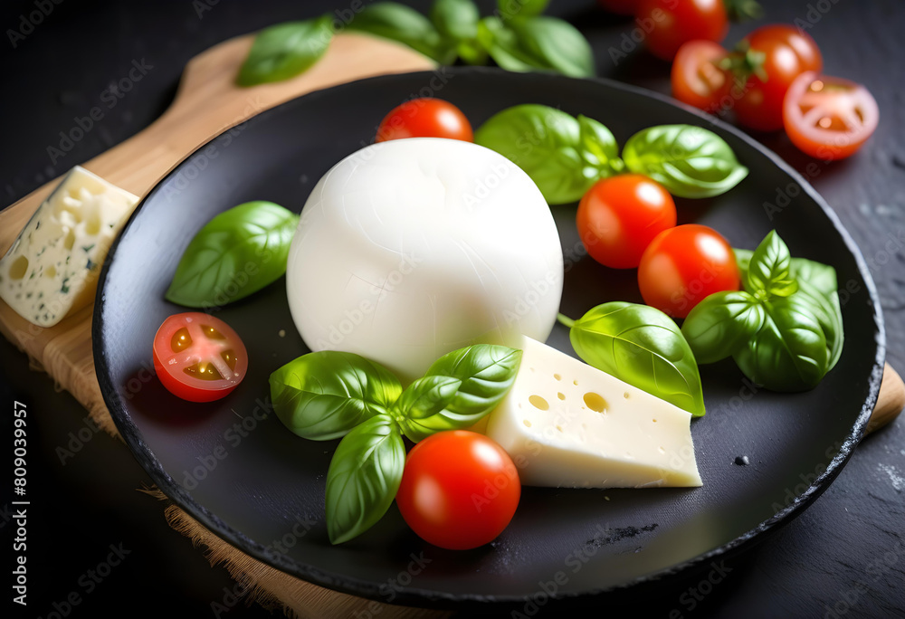 A close-up of a large ball of Italian mozzarella cheese with a tomato and basil on a plate