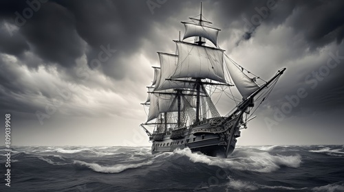 Monochromatic Ship at Sea sailing vessel navigates rough waters