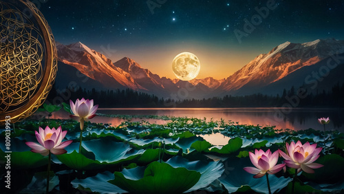 Loy Krathong festival with colorful candles light and full moon in Thailand background. Floating ritual banana leaves vessel lamp and lotus flower into the
 photo