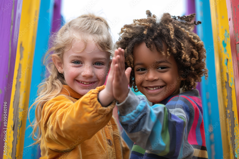 Two joyful children celebrate friendship with a high five, framed by vibrant playground colors Two joyful children celebrate friendship with a high five, framed by vibrant playground colors