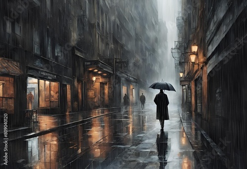 Navigating a rain-soaked alley in the heart of the city  a lone figure  cloaked in a trench coat  journeys amidst solitude.