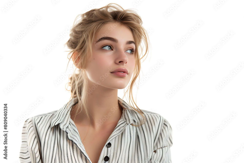 Portrait girl looking away blonde dressed in striped shirt. Fashion concept on isolated transparent background Portrait girl looking away blonde dressed in striped shirt. Fashion concept on isolated transparent background