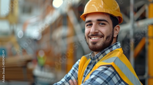 Photograph of Civil Engineer Hispanic smiling with Constuction backgrounds, use for banner cover. Success in target of project goal Handsome Middle Eastern worker. wide angle lens ambient light orange