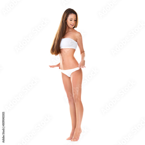 Studio, weight loss and girl in underwear with healthy body, confidence and excited in mockup space. Fashion, fitness results and happy woman with wellness, diet and isolated on white background.