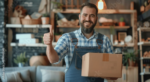 A happy delivery man wearing overalls and a cap, holding out his hand with his thumb up while showing the cardboard box © Kien