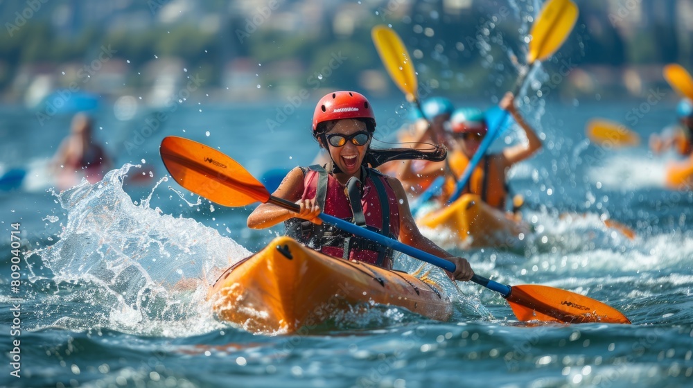 A group of individuals are actively paddling kayaks on top of a large body of water. A group of individuals are actively paddling kayaks on top of a large body of water.