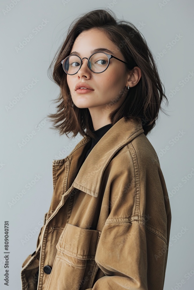 casual woman with glasses looking to the side