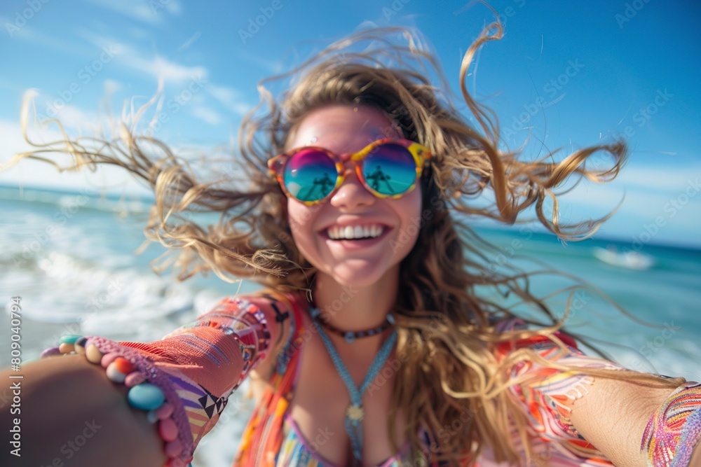 Smiling woman with colorful sunglasses
