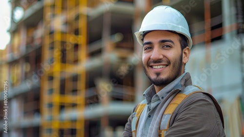 Photograph of Civil Engineer Hispanic smiling with Constuction backgrounds, use for banner cover. Success in target of project goal Handsome Middle Eastern worker. wide angle lens ambient light orange © tanongsak