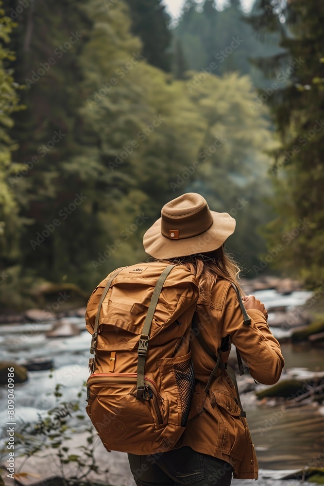 woman wearing a hat and carrying a backpack stands near a river in the woods