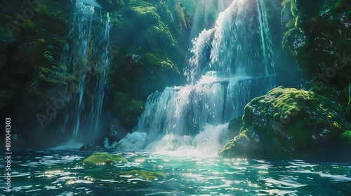 Behold the majestic beauty of a cascading waterfall  where pristine waters tumble over moss-covered rocks  creating a symphony of sound and movement.
