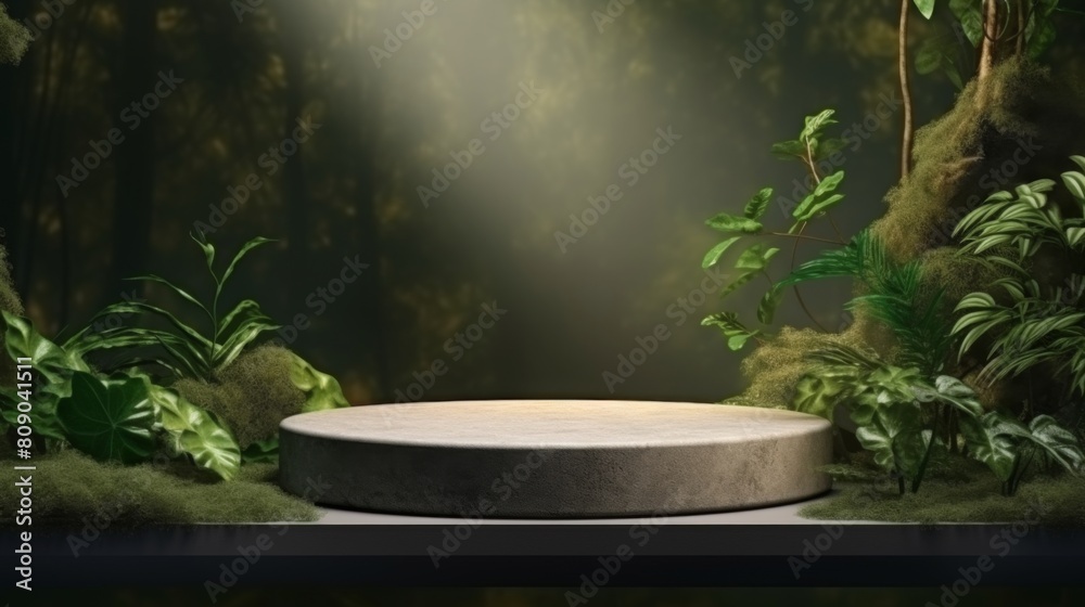 natural stone and concrete podium in natural green background ,Evening light natural stone and concrete podium in natural green background ,Evening light