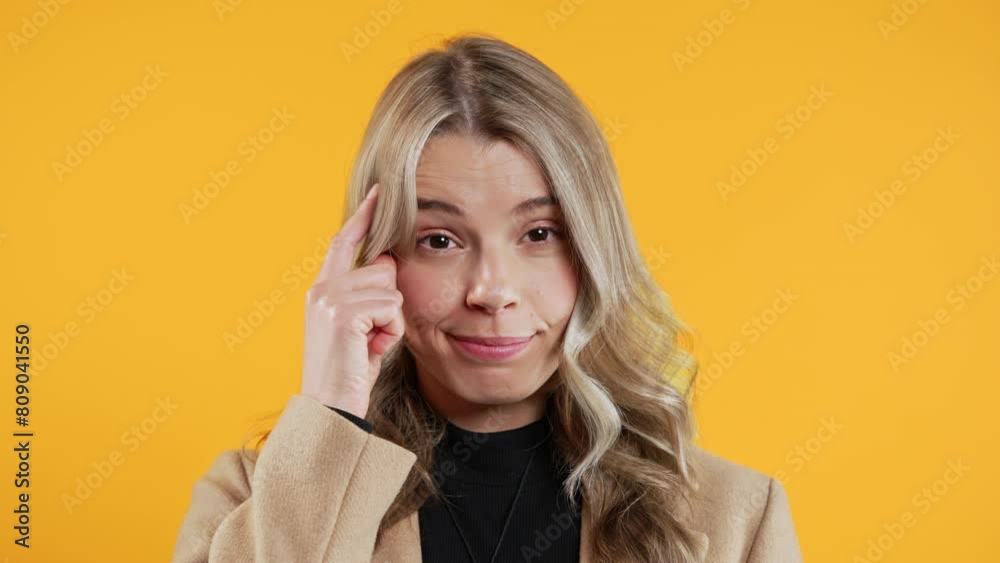 Pretty smart businesswoman with gesture - you, think about it. Looking camera on yellow. Thinking positive. Intelligent student person. Pretty smart businesswoman with gesture - you, think about it. Looking camera on yellow. Thinking positive. Intelligent student person.