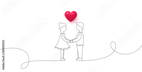 Social media love date banner. Valentine day background with 3d heart. Love dating with human couple characters. Postcard for Valentine, Wedding, Anniversary day. Boyfriend, girlfriend couple. Vector
