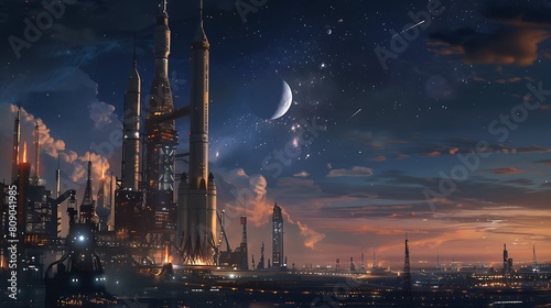 Behold the majesty of a space launch facility, where rockets stand tall against the backdrop of the cosmos, poised to carry humanity's aspirations to new frontiers of exploration and discovery. photo