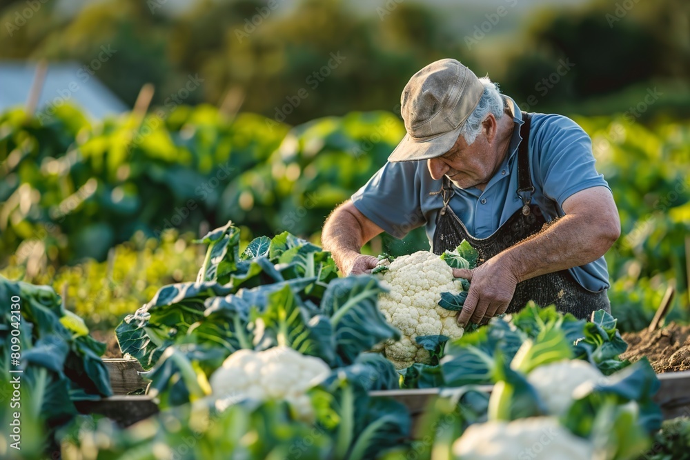 Fototapeta premium farmer cutting cauliflower in an organic vegetable field