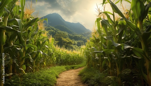 A dirt path winds through a cornfield with tall stalks of corn on either side. © Vitaly Art