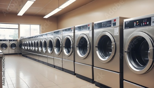 A row of industrial washing machines in a commercial laundromat. The room has a bright, modern design 