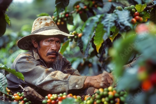 Farmer harvesting coffee on a plantation in Guatemala.