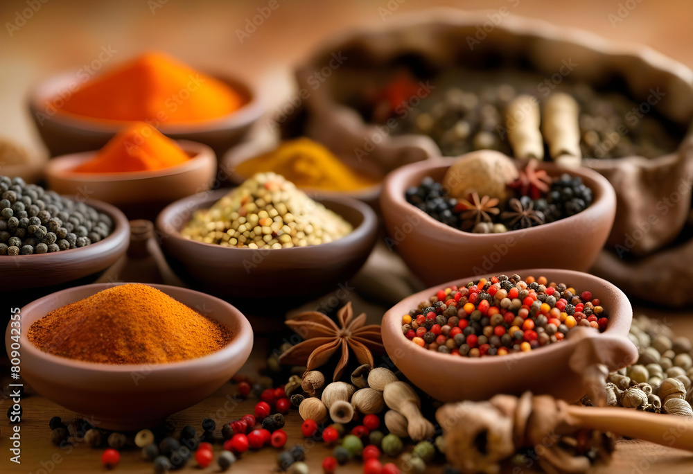 A variety of Indian spices in clay bowls A variety of Indian spices in clay bowls