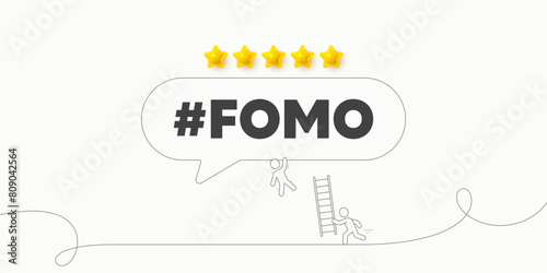 Fomo hashtag banner. Fear of missing out tag. Five stars review icons. Fomo rating banner with human characters. Man carries a ladder to help a friend. Social media Fomo hashtag background. Vector