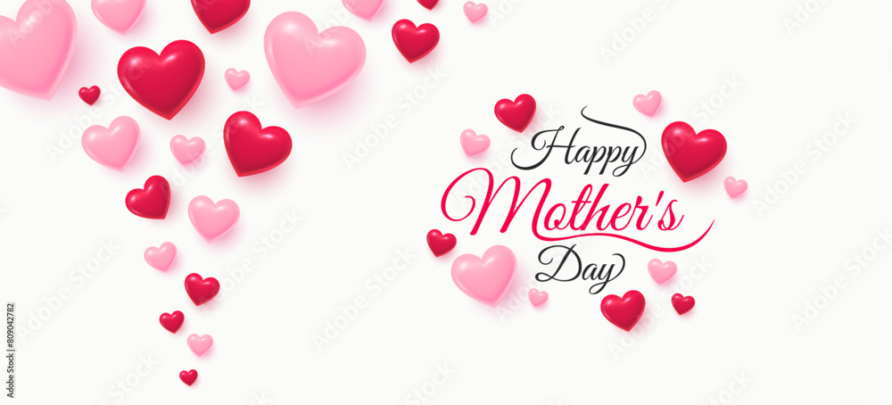 Mother's day greeting card. Banner with flying pink hearts. Mother's day holiday background. Love mom hand drawn lettering and calligraphy with cute 3d hearts. Greeting card. Vector illustration