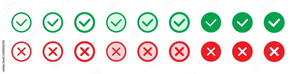Right or wrong icons. Green tick and red cross checkmarks in circle flat icons. Yes or no symbol, approved or rejected icon for user interface. Right or wrong icons. Green tick and red cross checkmarks in circle flat icons. Yes or no symbol, approved or rejected icon for user interface.