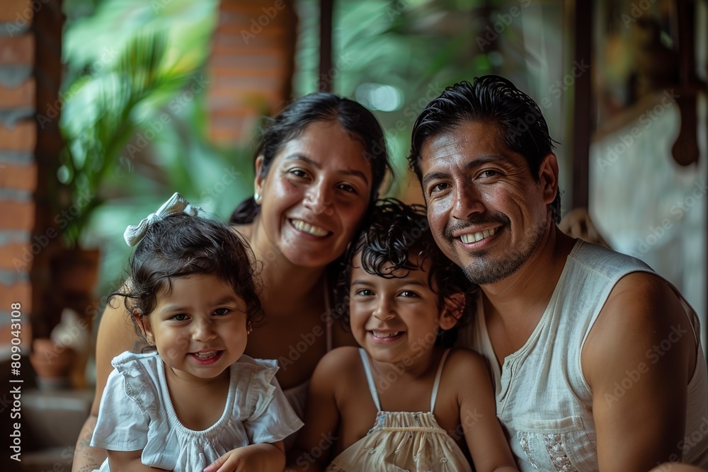 Fototapeta premium Portrait of Latin Family. Dad mom and two children