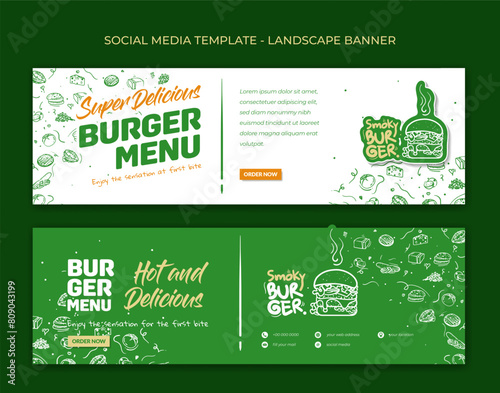Landscape banner template in white and green background with hand drawn of ingredient for making burger. Good template of fast food or street food advertisement design
