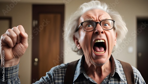 A man with hair and glasses, yelling with an angry expression on his face