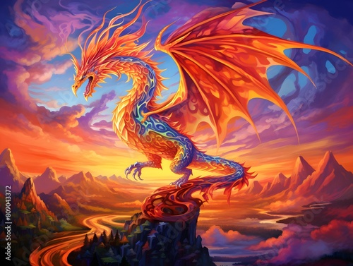 Illustration of a fantasy dragon flying above the water at sunset.