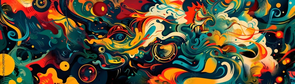 Mystical Japanese Folklore Inspired Abstract Digital Painting with Distorted Shapes and Vibrant Colors Mystical Japanese Folklore Inspired Abstract Digital Painting with Distorted Shapes and Vibrant Colors